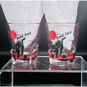 (2) Vintage Federal Glass Novelty‎ "Good Luck" Shot Glasses Devil Black Cat